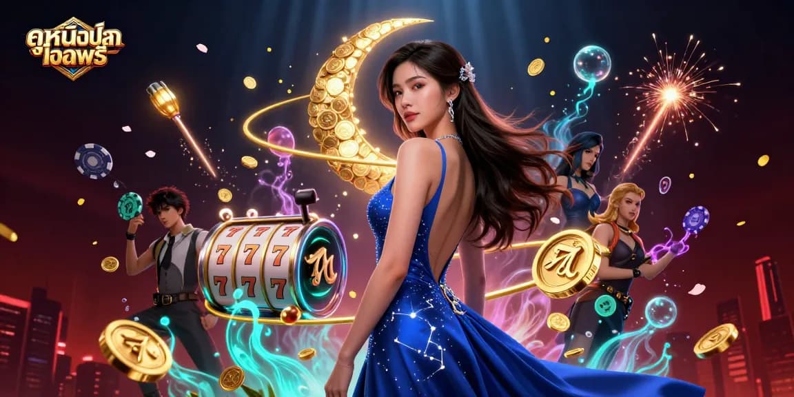 Spin the reels and enjoy ดูหนังออนไลน์ฟรี in a vibrant casino-themed scene filled with excitement.