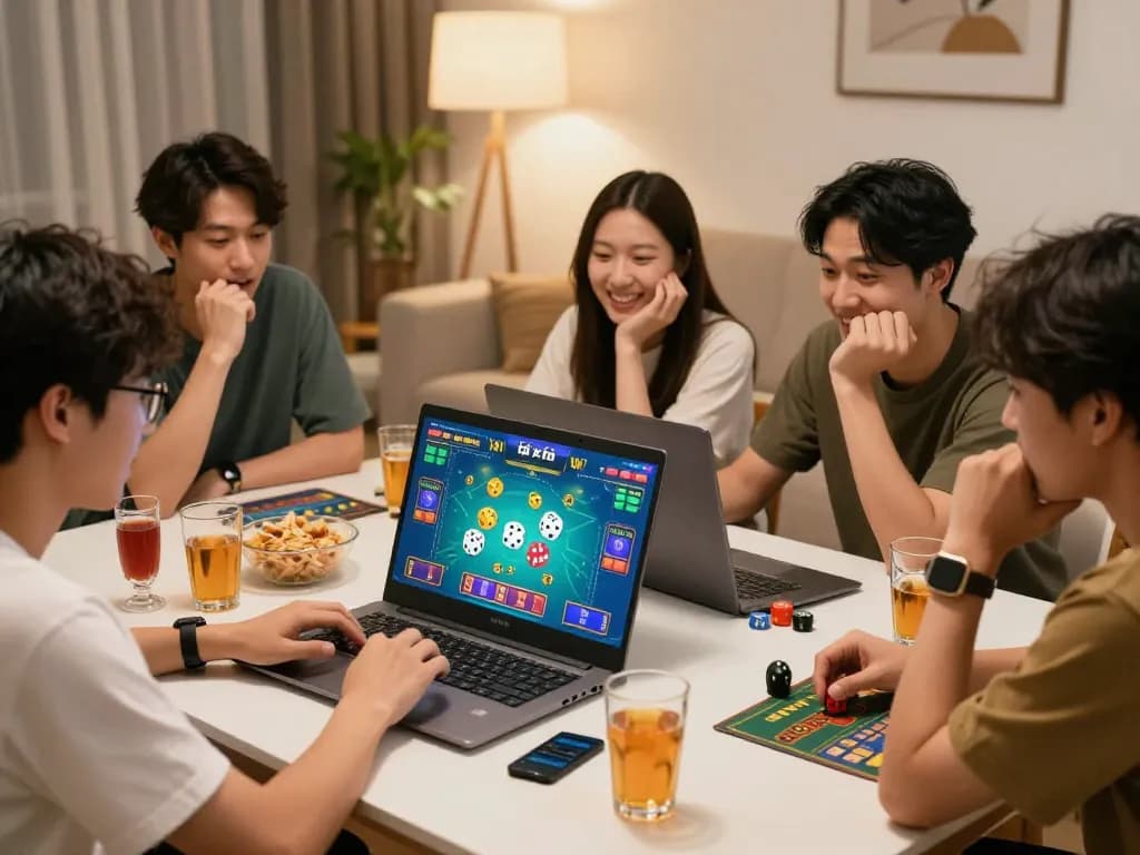 Tài xỉu online game scene with friends engaged in betting, showcasing excitement and camaraderie.