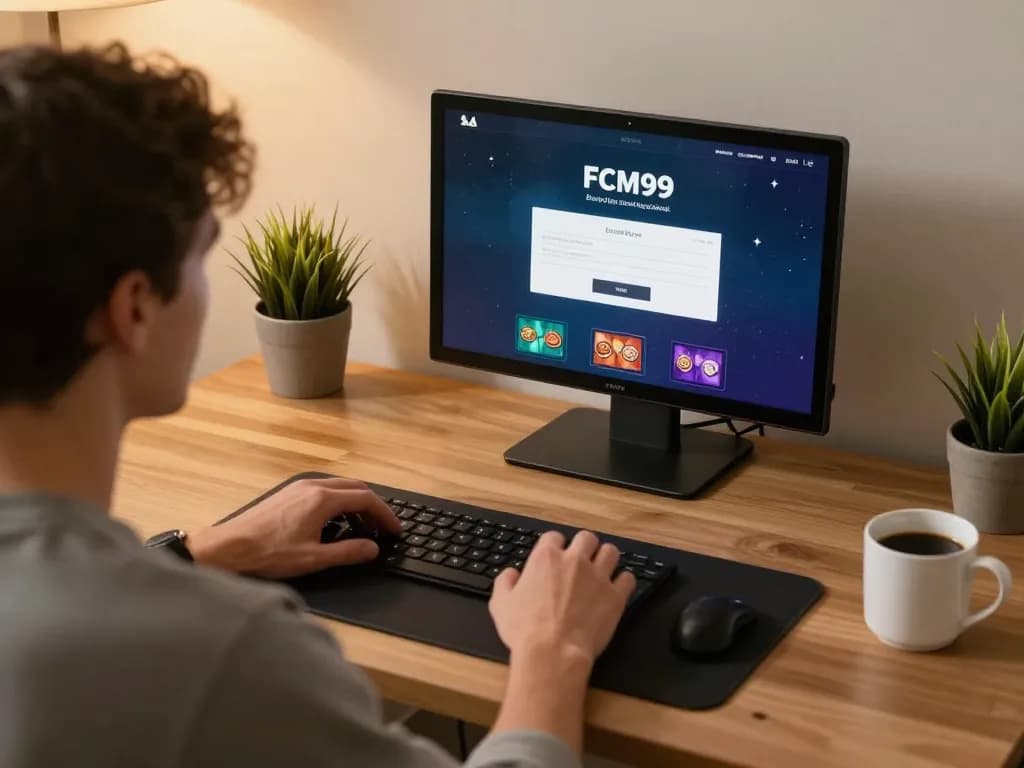 FCM99 login screen on tablet during strategic online casino gameplay at stylish desk