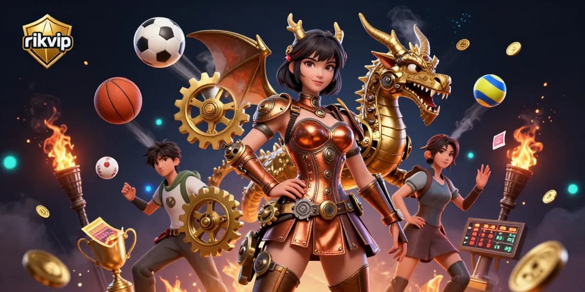 Experience thrilling gameplay at rikvip with a dynamic scene of a steampunk woman and clockwork dragon amidst sports betting excitement.