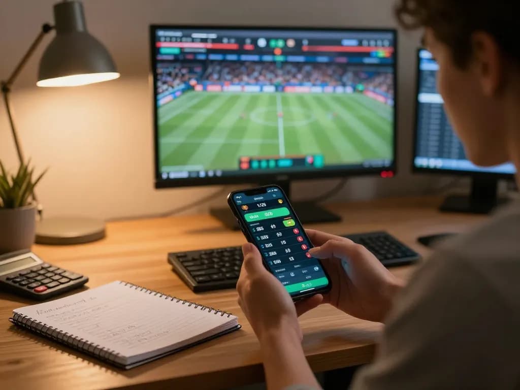 Engaging in sports betting strategies with keo nha cai displayed on smartphone in modern home office.