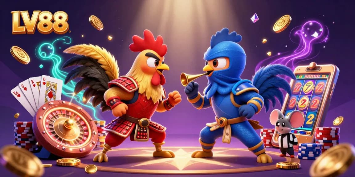 Experience the excitement of LV88 as fighting roosters face off with dynamic casino elements in a vibrant scene.