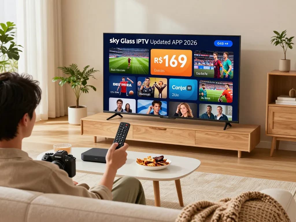 Sky Glass IPTV Updated APP 2026 displayed on a large TV in a cozy living room setting.