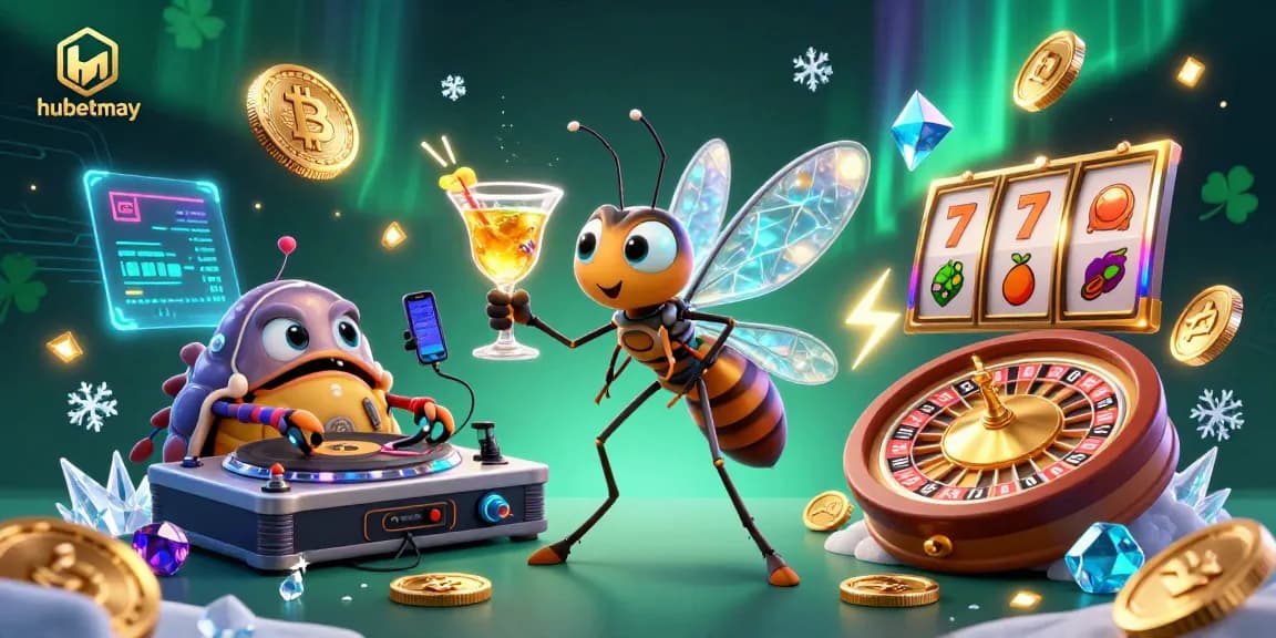 Spin to win with hubetmay featuring a frozen mosquito casino mascot and trilobite DJ in a vibrant gambling scene.