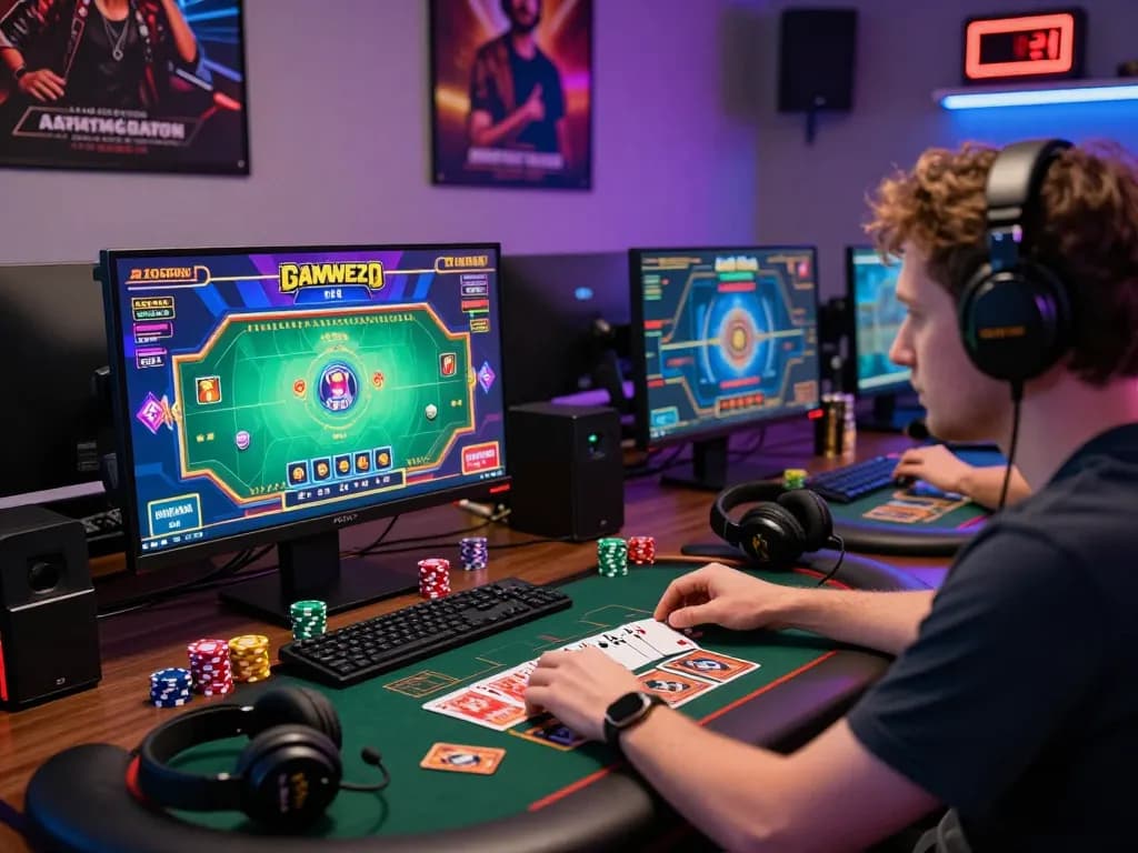 Max79 gaming scene with a user immersed in a card game, showcasing vibrant graphics and immersive atmosphere.