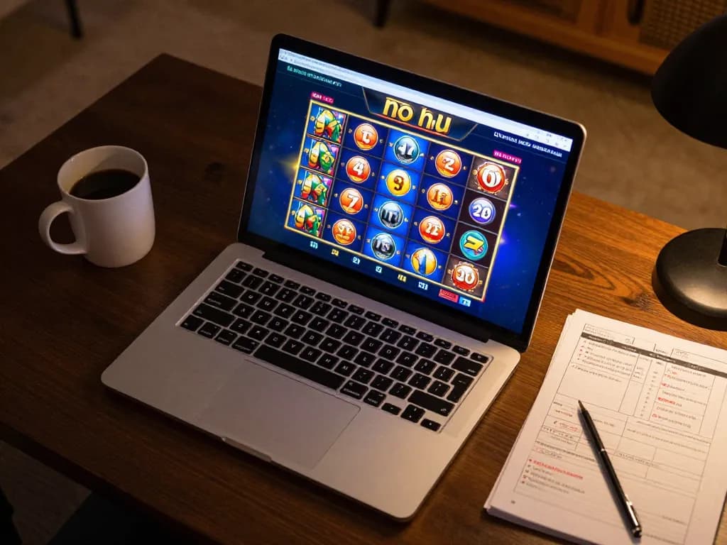 Engaging scene of gam no hu online gaming setup showing a laptop with vibrant slot game interface, reflecting a strategic gaming atmosphere.