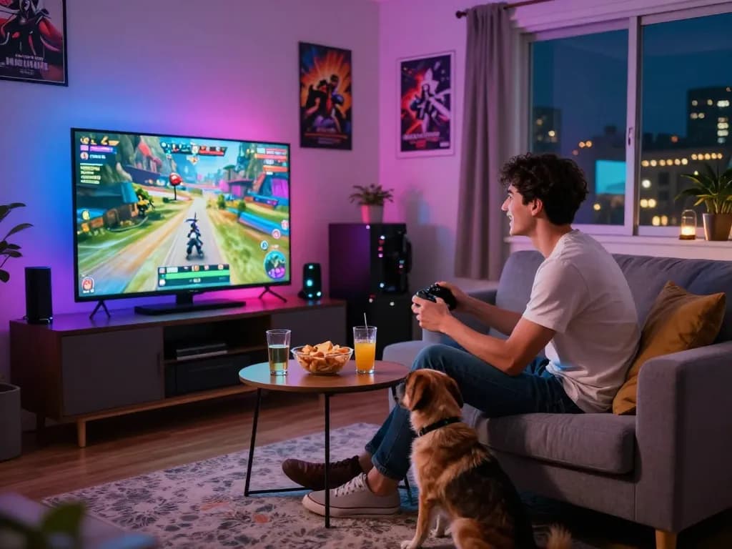 Engaging online gaming setup at home featuring https://gem88.com.mx/ on screen, showcasing vibrant living room atmosphere.