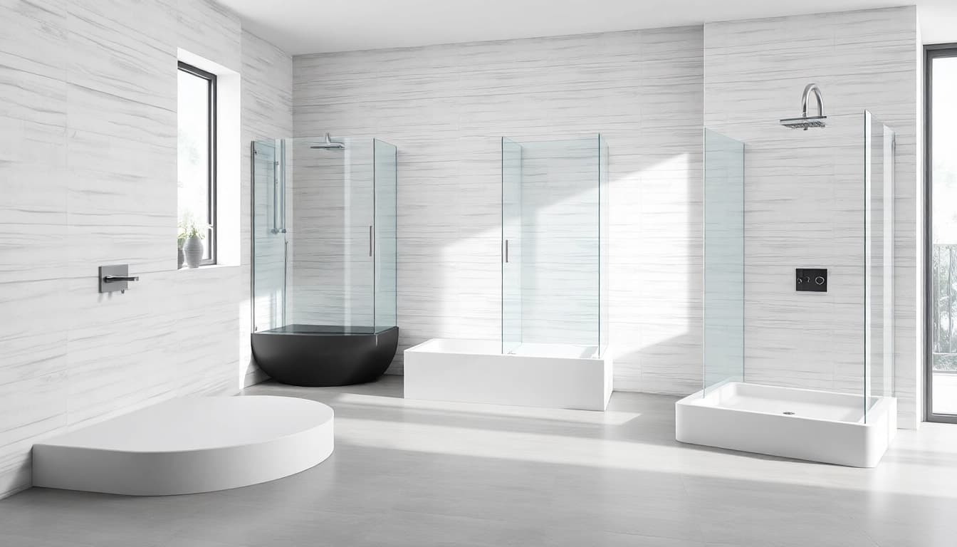 Showcasing elegant shower bases in a beautifully designed modern bathroom with natural light.