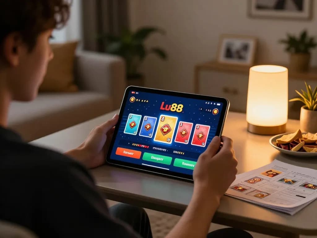 Engaging in dynamic gameplay on the Lu88 casino app, cozy home setting with tablet and strategy notes