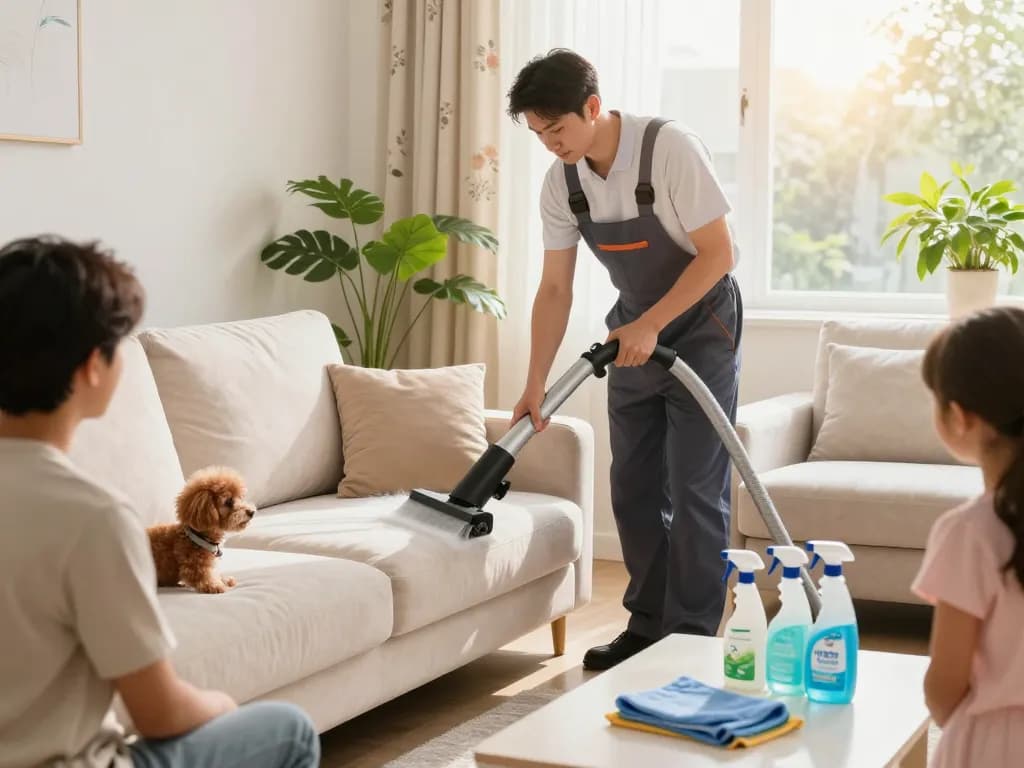 Professional upholstery cleaning process at home, highlighting Property maintenance sites quality service.
