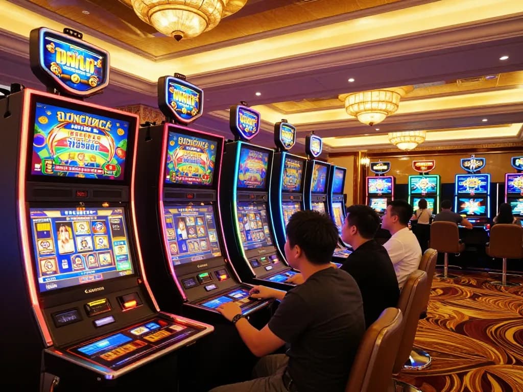 Players enjoying thrilling games at 789win slot machines in a vibrant casino atmosphere.
