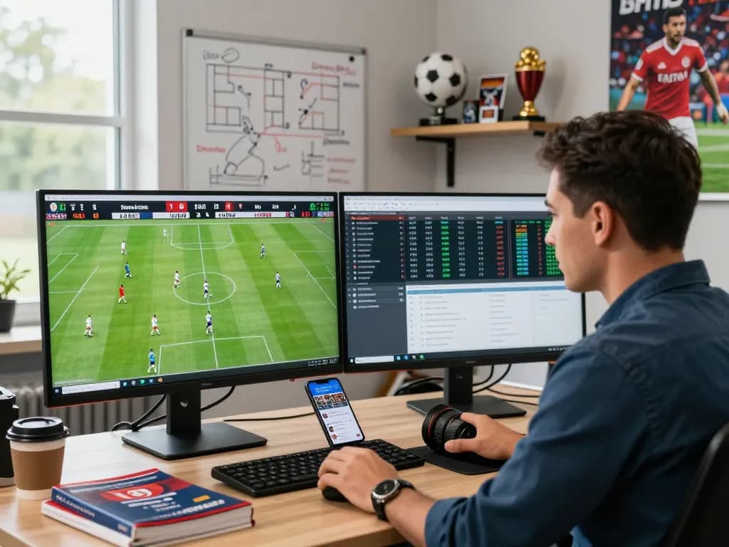 Nowgoal analytics office with live football scores and performance data displayed, showcasing sports analysis professionalism and energy.