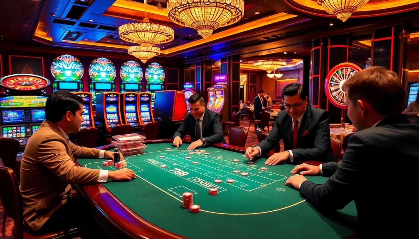 Excited players strategizing at a 789bet poker table in a vibrant casino.