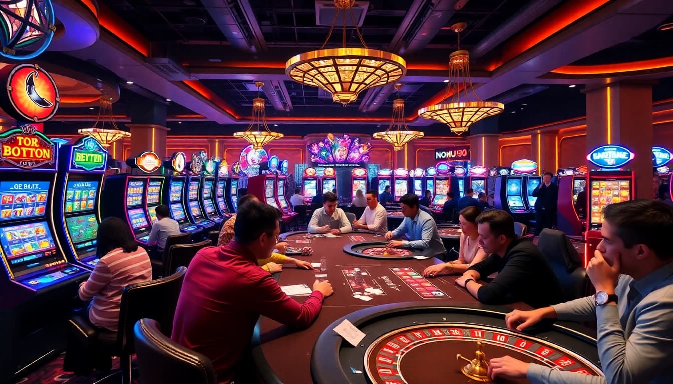 Nohu90's vibrant casino scene showcases exciting games with players engaging in thrilling bets.