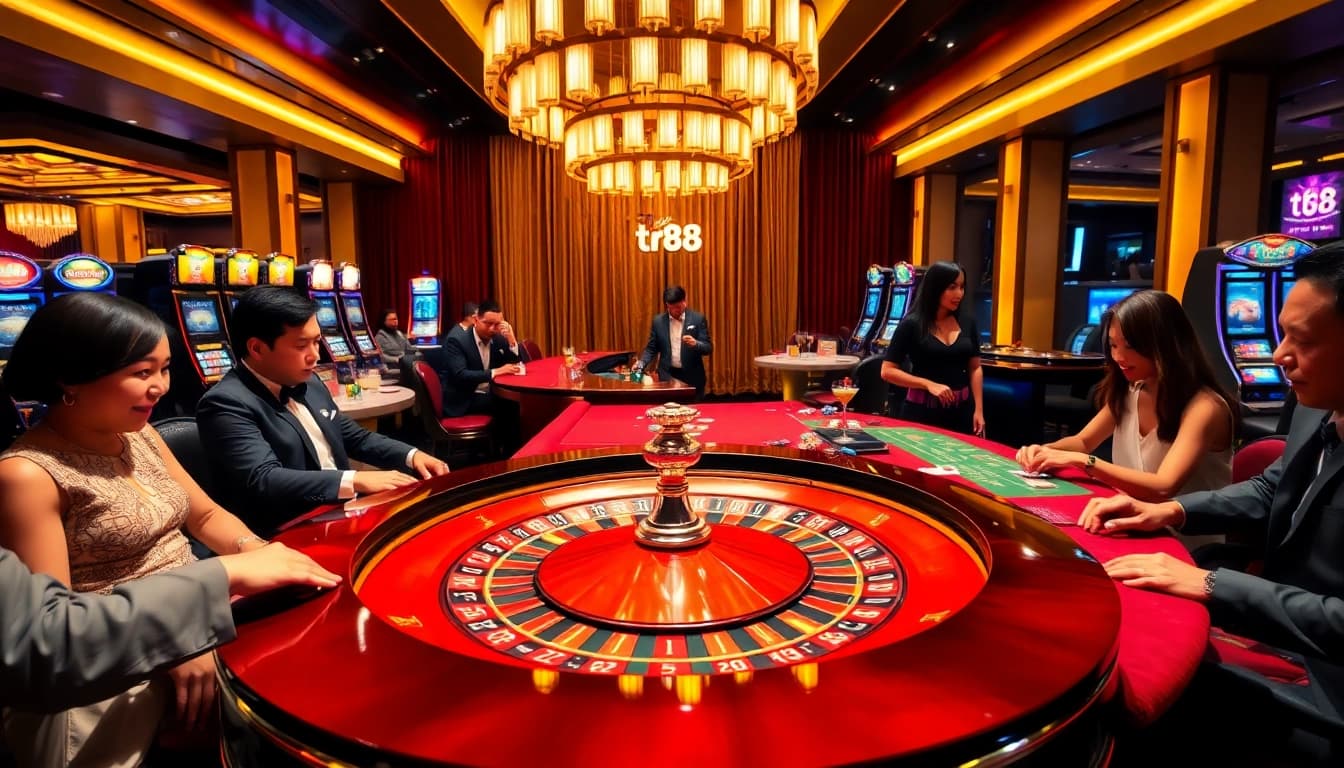 Engaged players at a tr88 roulette table in a luxurious casino setting.