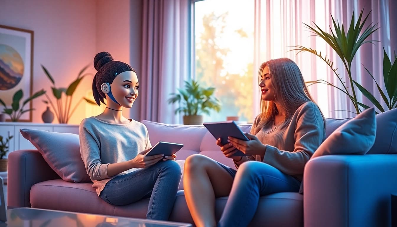 AI girlfriend engaging in a conversation in a cozy living room, showcasing advanced companionship.