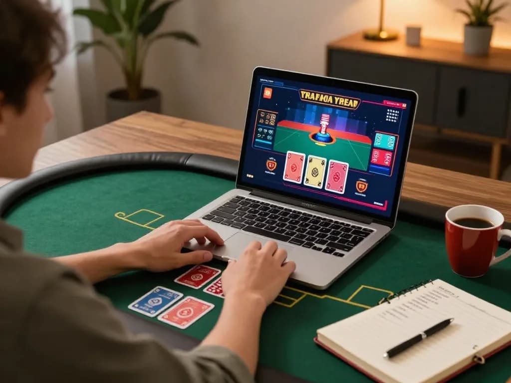 Engaging in online poker gameplay at https://jmsc88.com/ from a cozy home office.