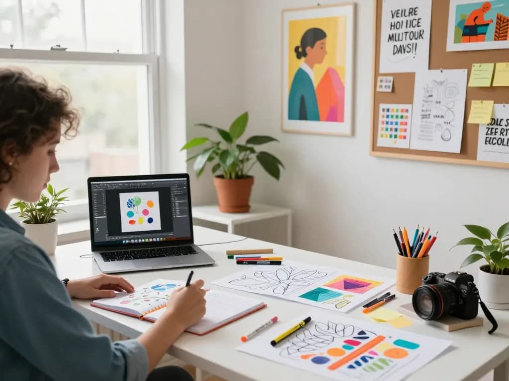Artist illustrating custom printed notebooks surrounded by designs and vibrant stationery in a bright workspace.