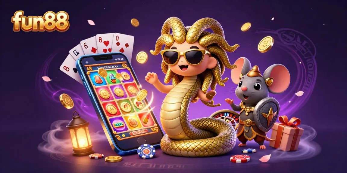 Spin the reels at fun88 with Medusa and warrior mouse in a vibrant casino scene.