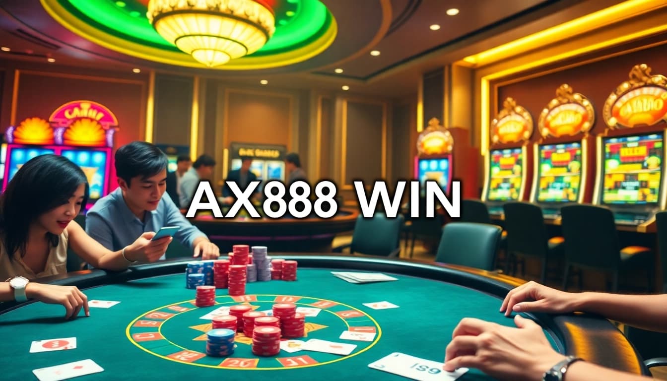 AX88 WIN betting on a vibrant digital casino interface surrounded by excited players.