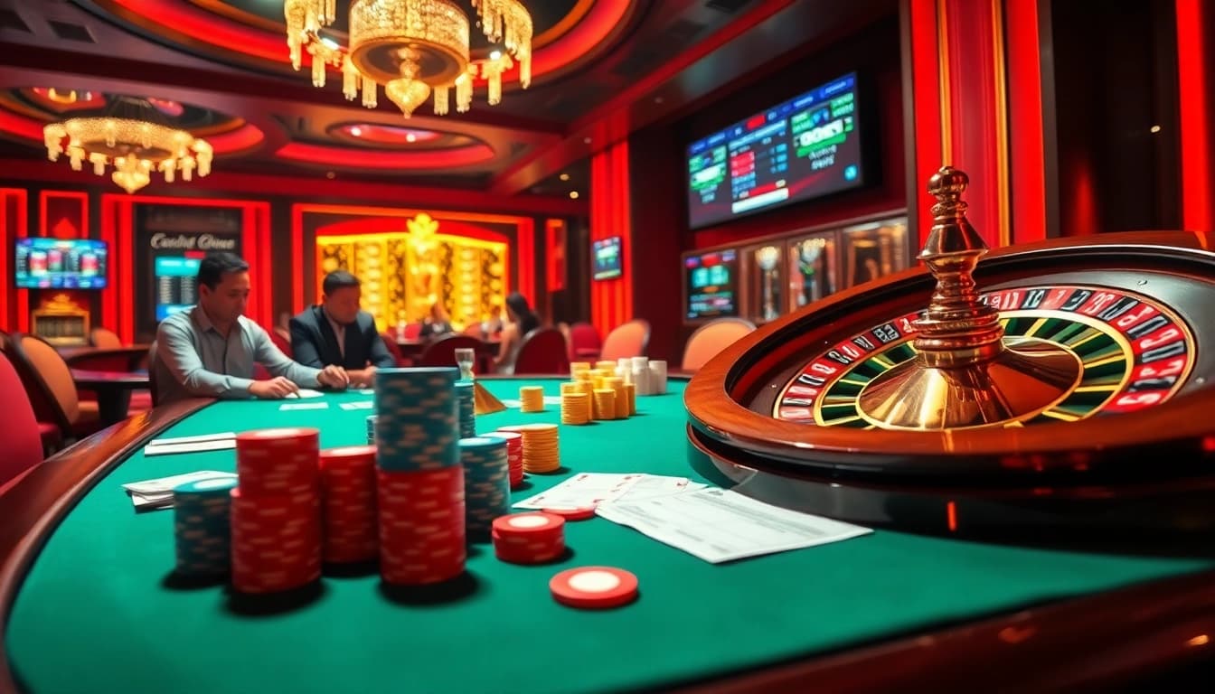 Experience thrilling gaming action at LC88 casino tables with vibrant poker chips and exciting roulette.