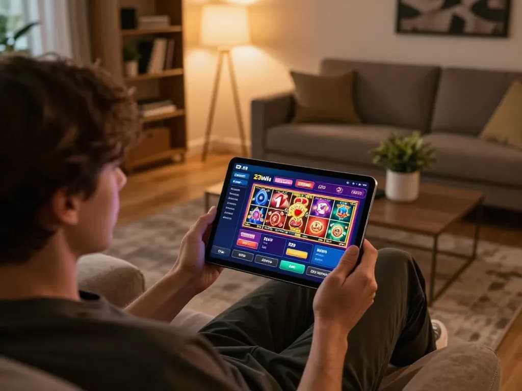 Engaged user playing casino games on the 23win app in a cozy home environment with stylish decor.