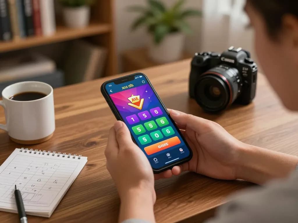 Xóc đĩa online gameplay on smartphone, surrounded by cozy home elements for responsible gambling.
