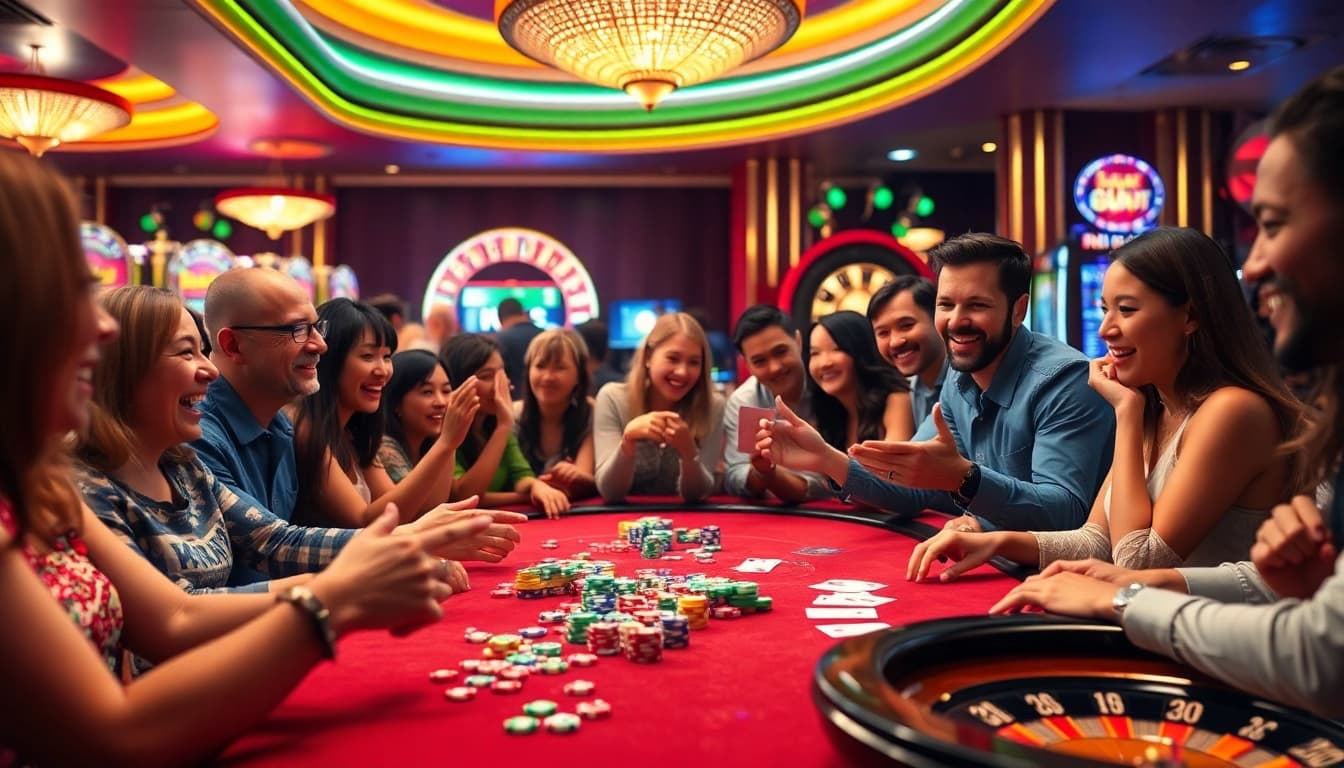Players enjoying a lively casino game at okfun, with colorful chips and spinning roulette.