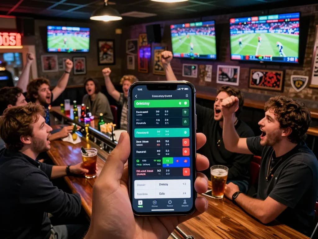 Patrons engaging in bets while viewing live games on screens, focusing on keo nha cai options within a lively sports bar atmosphere