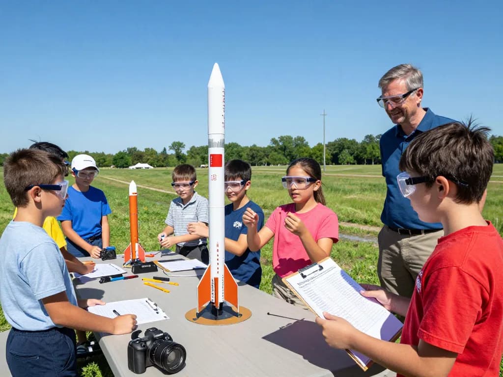 Students preparing model rocket engines for a fun launch day outdoors.