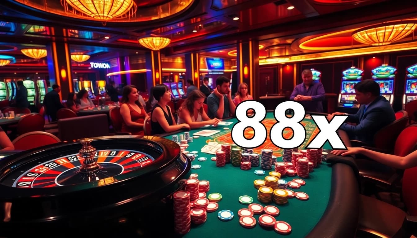 Experience excitement at a casino table with thrilling 88xx gameplay and vibrant colors.