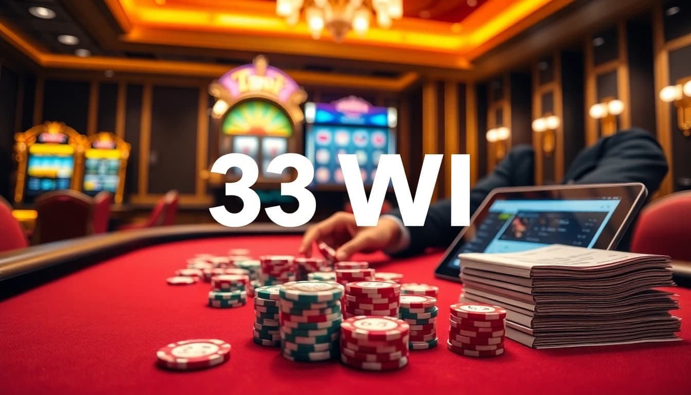 Experience a thrilling poker match at 33 WIN casino with vibrant chips and cards under bright lights.