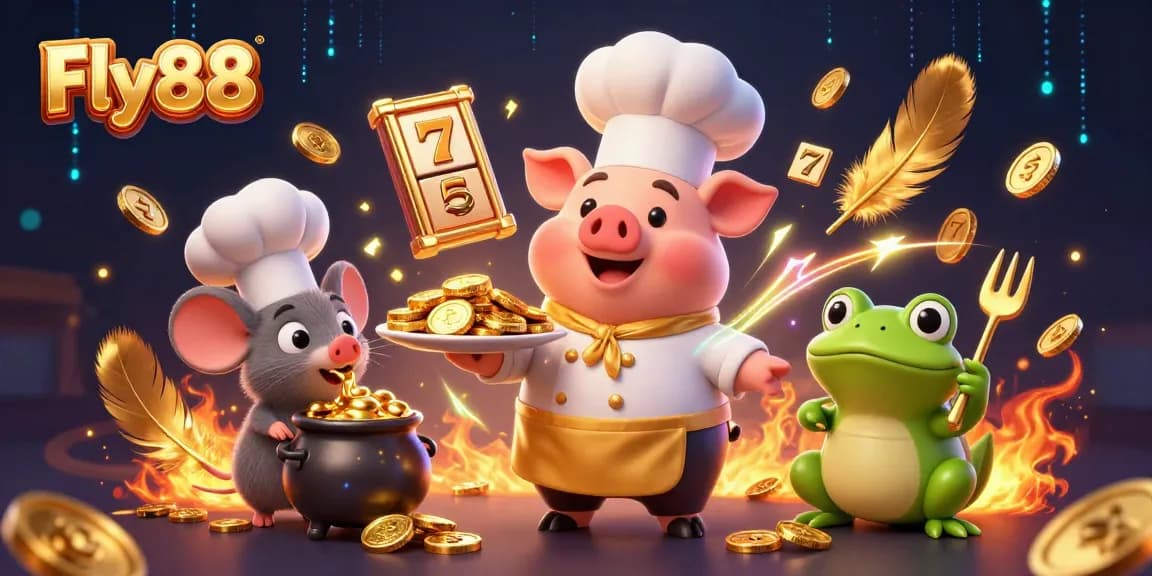 Fly88 slots illustration with chef pig, cooking gold coins in casino atmosphere.