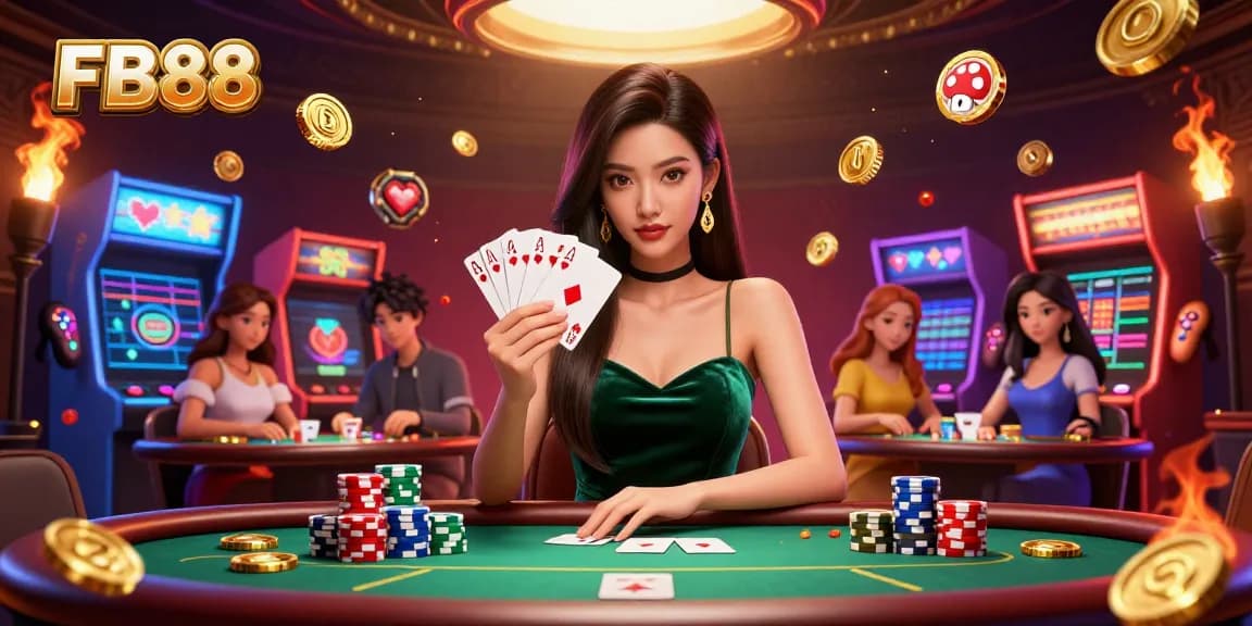 Experience FB88 with a strategic poker player at the luxury table, vibrant game elements surrounding.