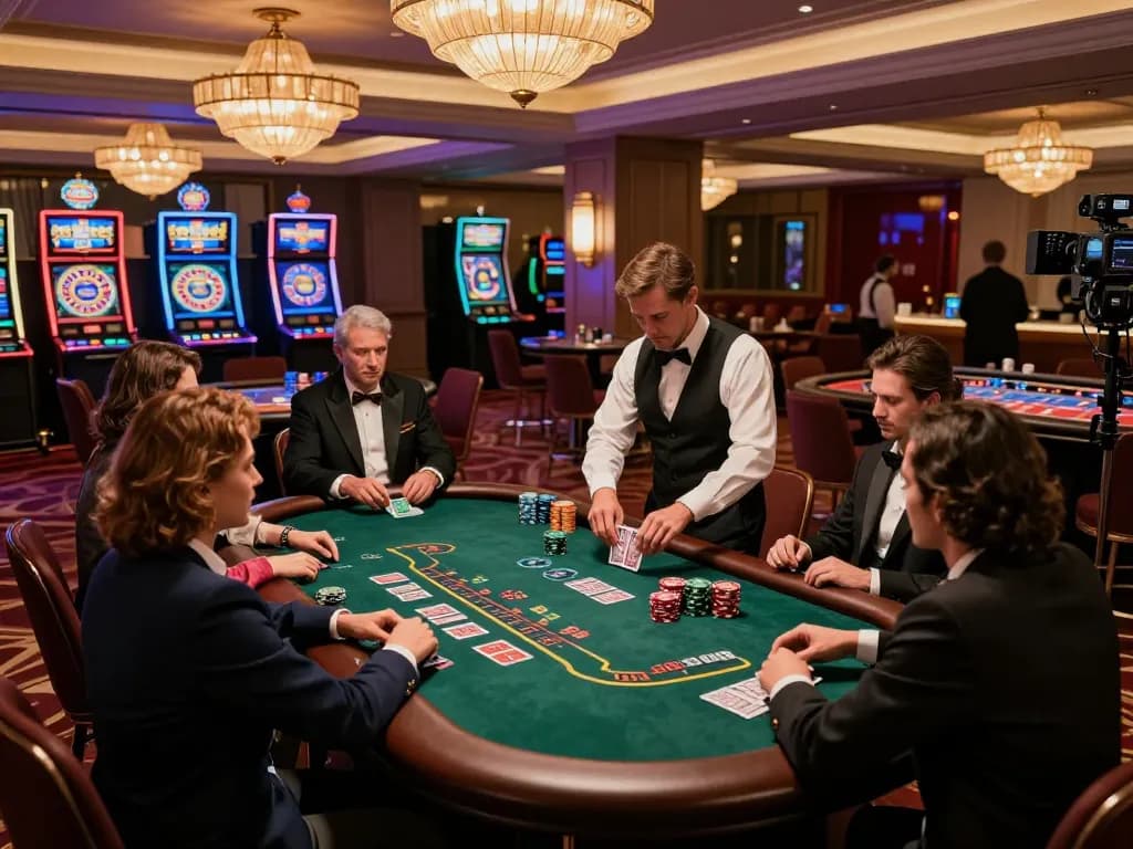 sc88 players engaging at a luxurious blackjack table in an elegant casino setting