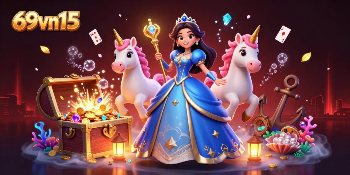 Engage with 69vn15 at a dynamic casino scene featuring a glamorous woman and a magical unicorn.