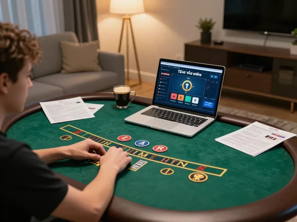 Tài xỉu online gaming experience at home, player focused on laptop with betting strategy.