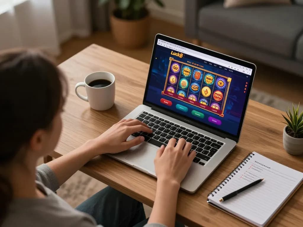 Engaging in casino gameplay on Luck8 website while tracking strategies in a cozy home setting.