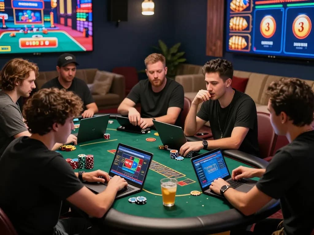 Exciting online gambling scene at https://rikbet.in.net/ with friends enjoying virtual poker in a lively game room setting.