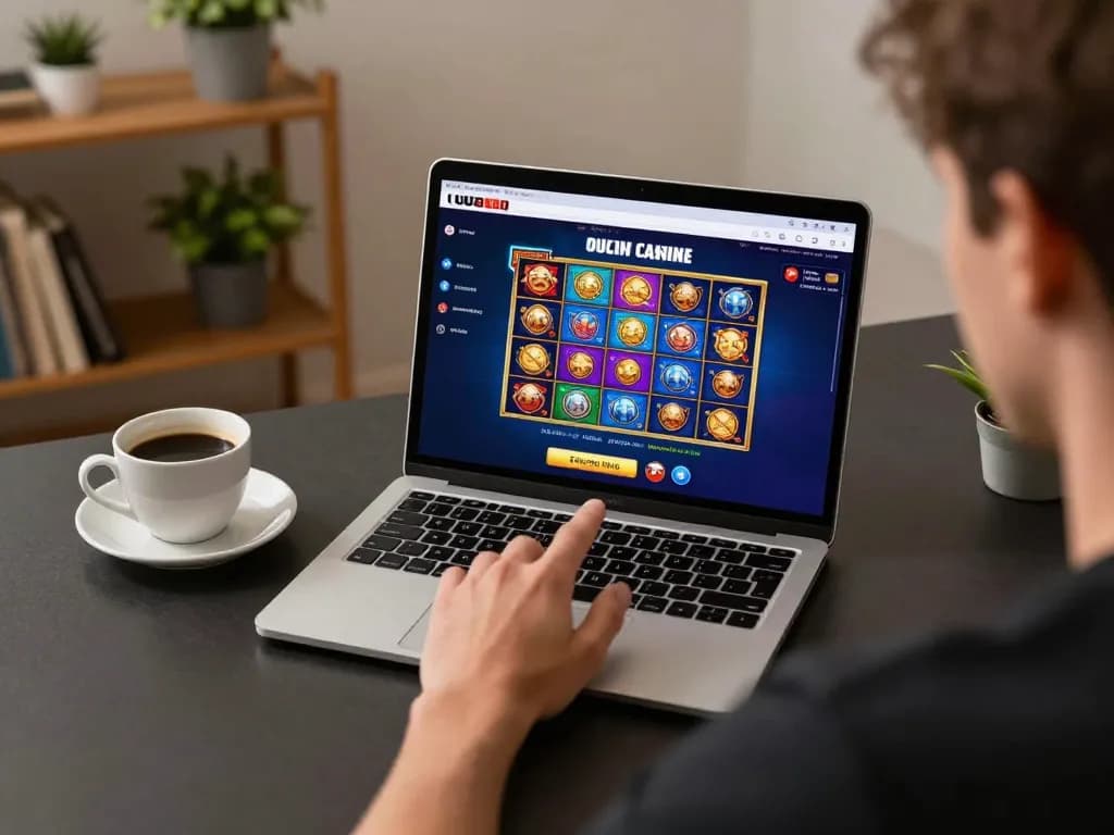 Engaging player spinning slots at UU88 online casino in cozy home office.