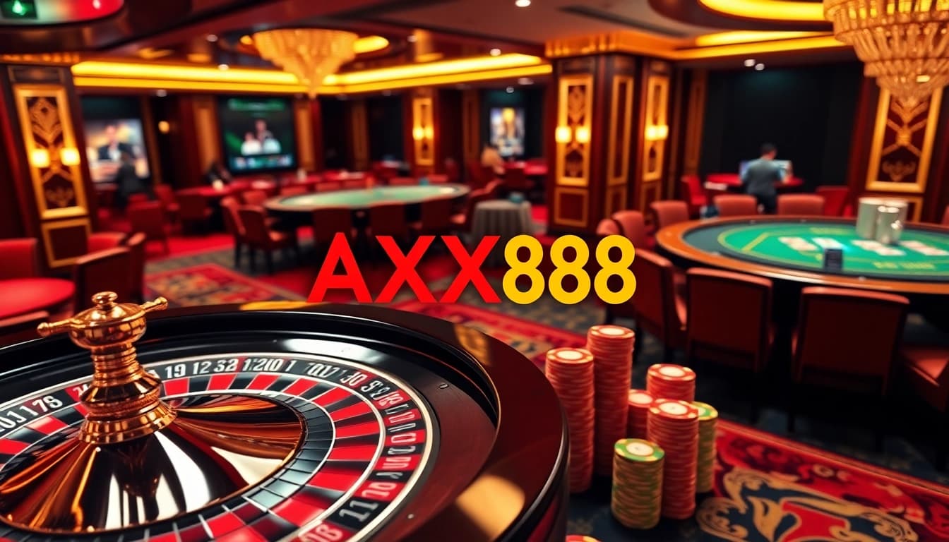 Experience the excitement of AXX88 casino gaming with vibrant poker tables and roulette wheels.