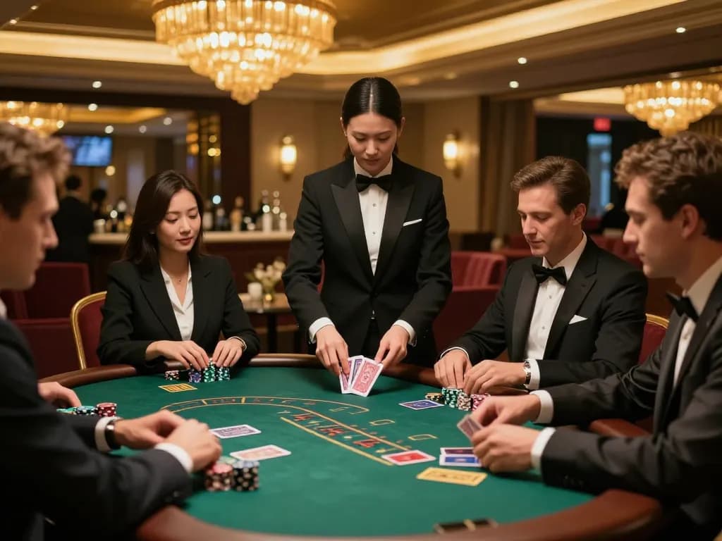 Engaging blackjack game at upscale casino lounge, showcasing players and dealer focused on sc88 gaming strategy.