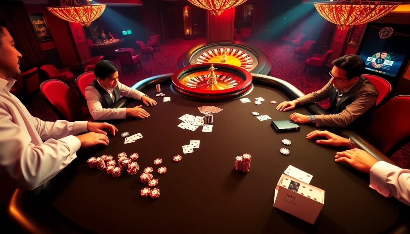 Engaging casino scene showcasing multiplayer poker action at mb66.nyc with vibrant poker chips and cards.