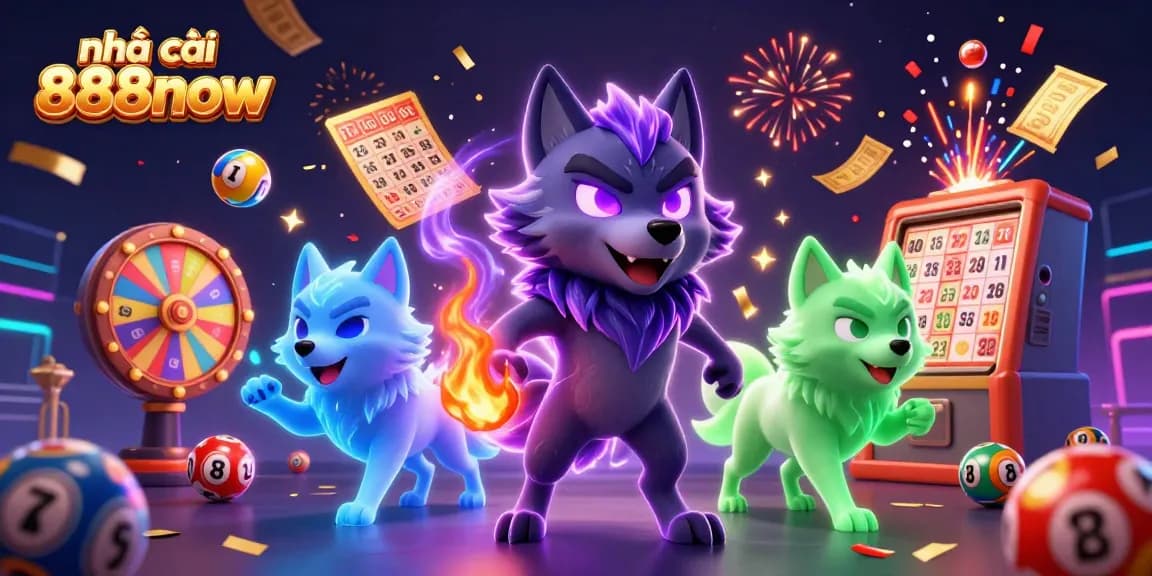 Engage with the dynamic ambiance of nhà cái 888now through vibrant lottery elements and ethereal wolf characters.