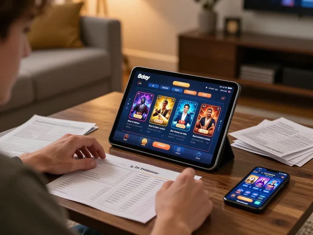 Engaged player using the 8day app for online casino games, showcasing a modern home gaming setup