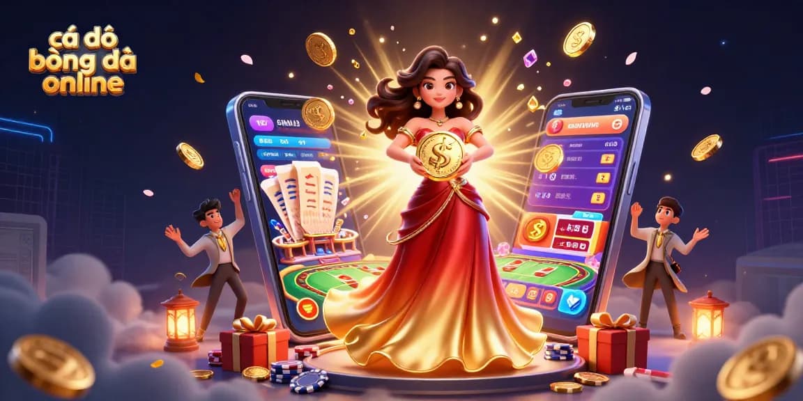 Bet on cá độ bóng đá online with a stunning illustration of a woman holding a golden coin amidst dynamic gaming elements.