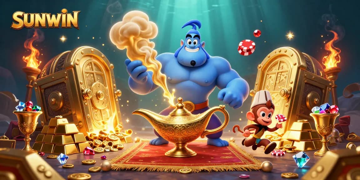 Engage with SUNWIN's thrilling gambling adventure featuring a genie and treasure across the casino landscape.