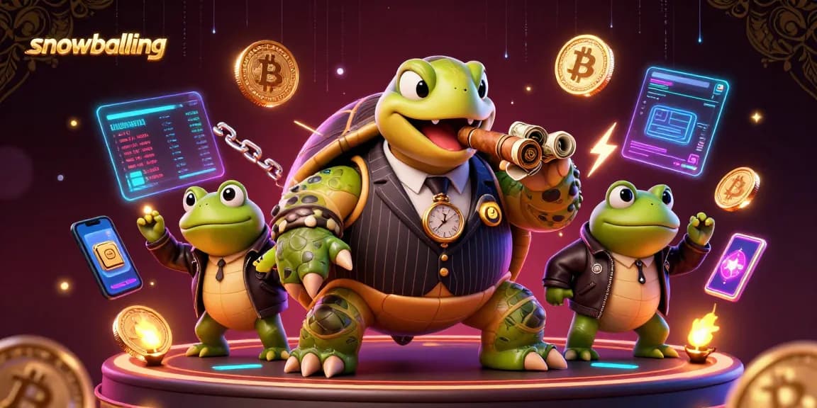 Engage in snowballing with a vibrant, animated casino scene featuring a turtle and bullfrogs amid neon crypto elements.