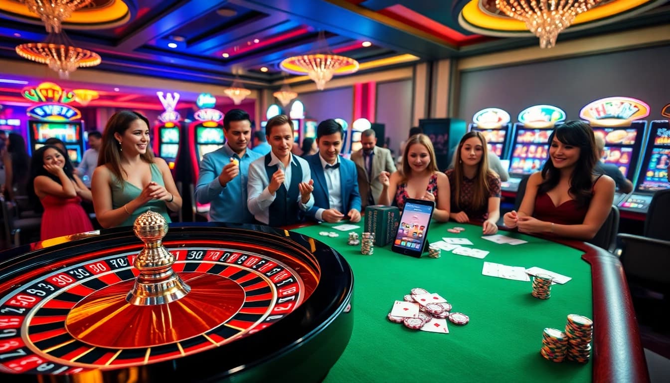 Exciting casino scene featuring pg88 gaming elements with roulette wheel and engaged players.