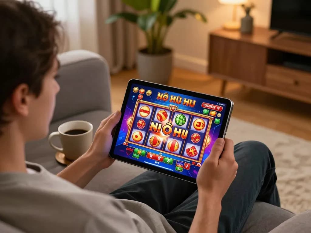Nổ hũ gaming on a tablet at home, showcasing a cozy and engaging gambling atmosphere